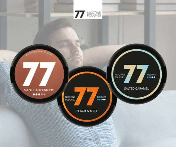 77 nicotine pouches UK review showing the brand lineup and flavour variety
