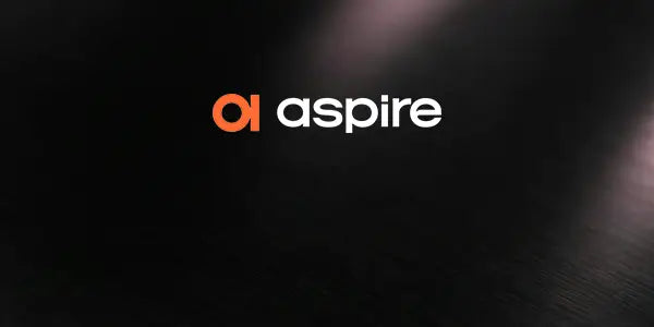Aspire brand identity render on dark background showing the Aspire logo in white and orange, reflecting the brand's UK market positioning