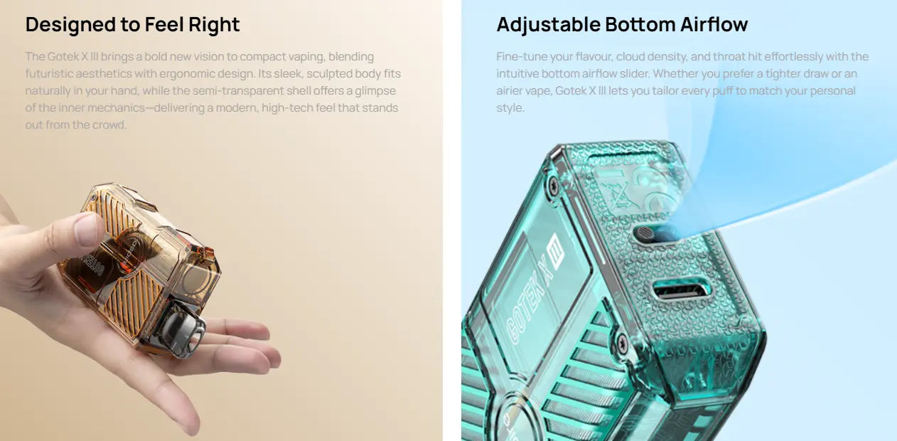 Aspire Gotek X3 pod kit specification render showing ASP chipset, three wattage modes and Gotek mesh pod system