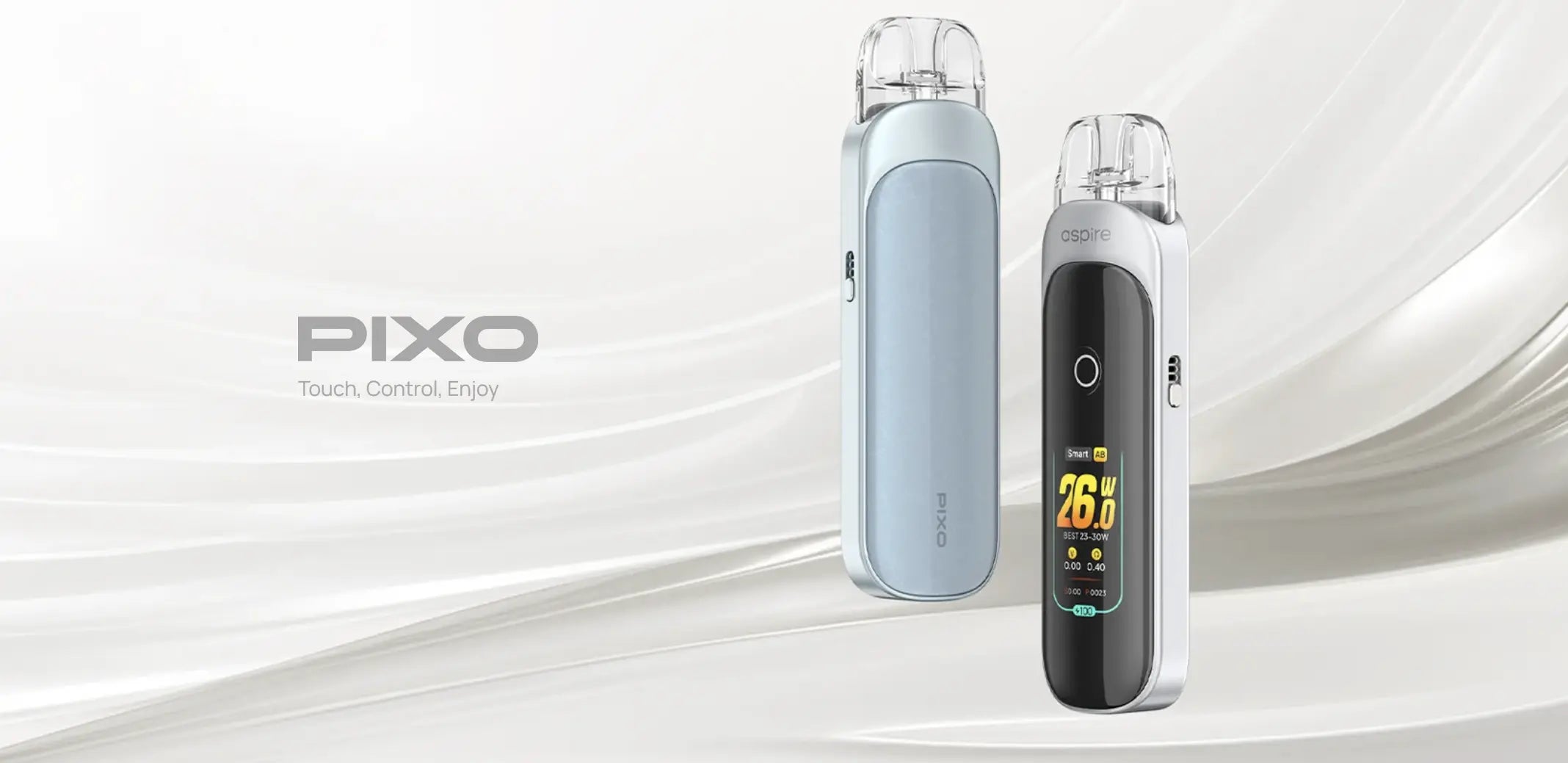 Aspire Pixo pod vape kit lifestyle render showing slim form factor in multiple colours