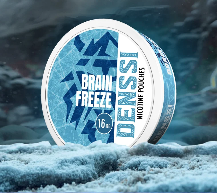 Denssi Brain Freeze 16mg nicotine pouch can on snow against an icy blue backdrop