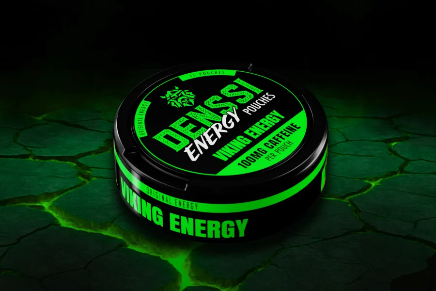 Denssi Energy Viking Energy caffeine pouch can on a green glowing background, 100mg caffeine, nicotine-free
