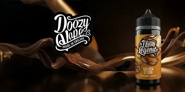 Doozy Vape Co logo and Doozy Legends Golden Elixir shortfill bottle against a rich caramel background