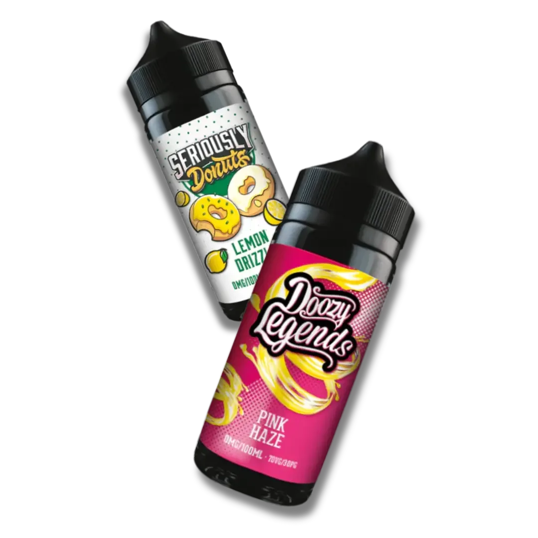 Doozy Seriously Donuts and Doozy Legends Pink Maze shortfill bottles on a dark background