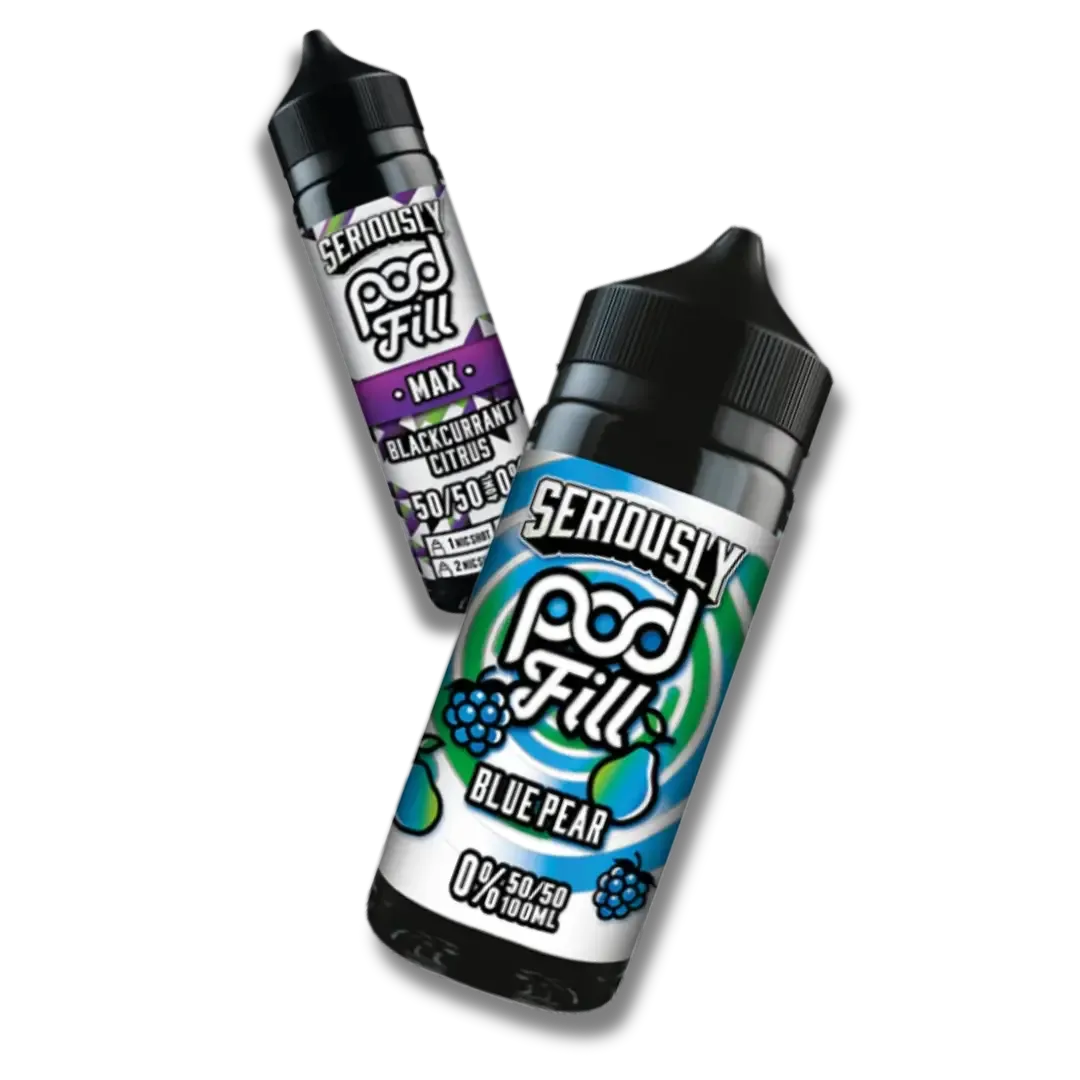 Doozy Seriously Pod Fill 100ml bottles showing Max and Blue Pear flavours on a dark background