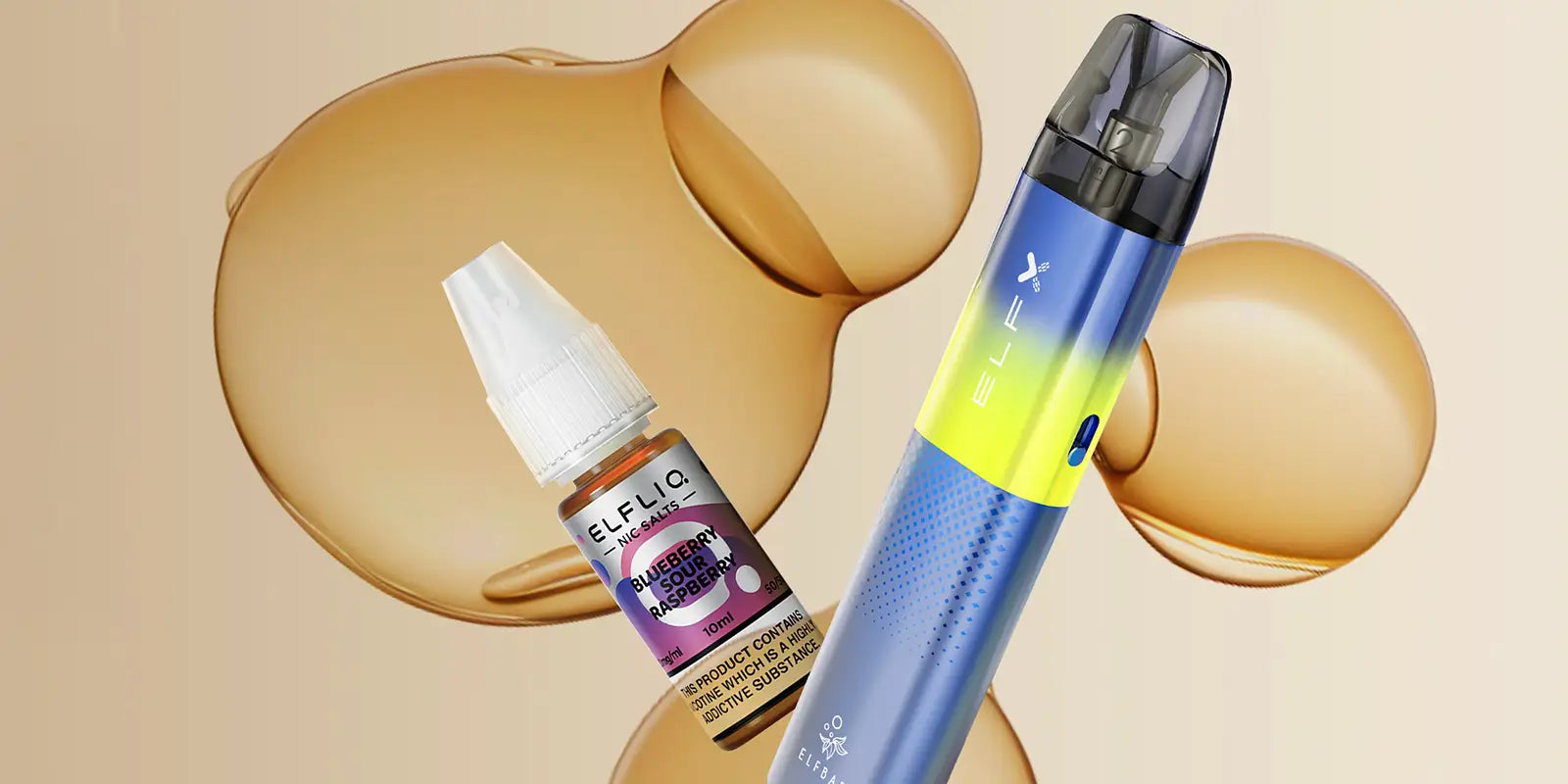 Elf Bar ELFA pod device next to an ElfLiq Blueberry Sour Raspberry nic salt bottle