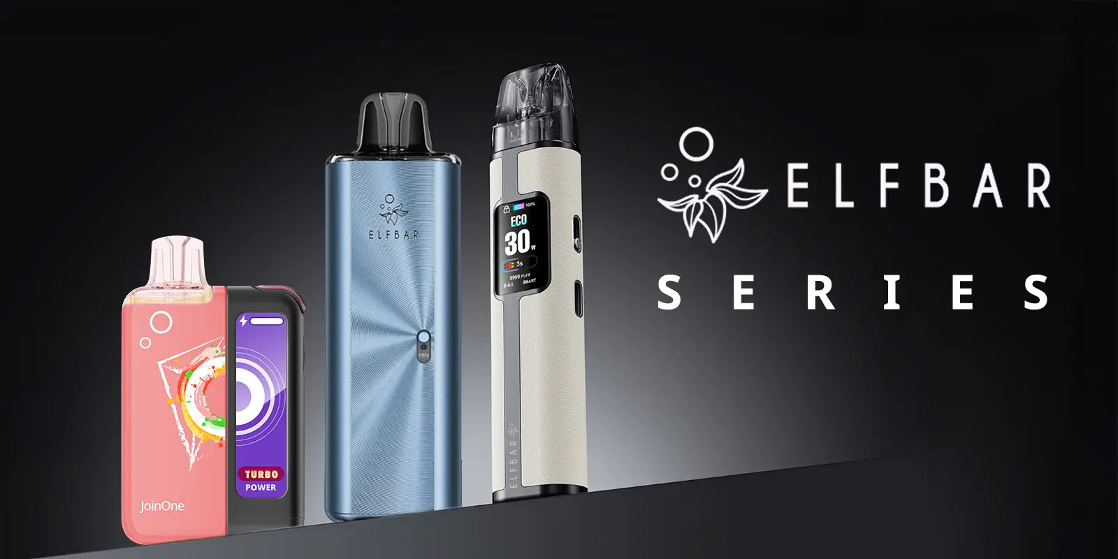 Elf Bar series line-up — the JoinOne, a colour pod device and the ELFX with its full-colour screen