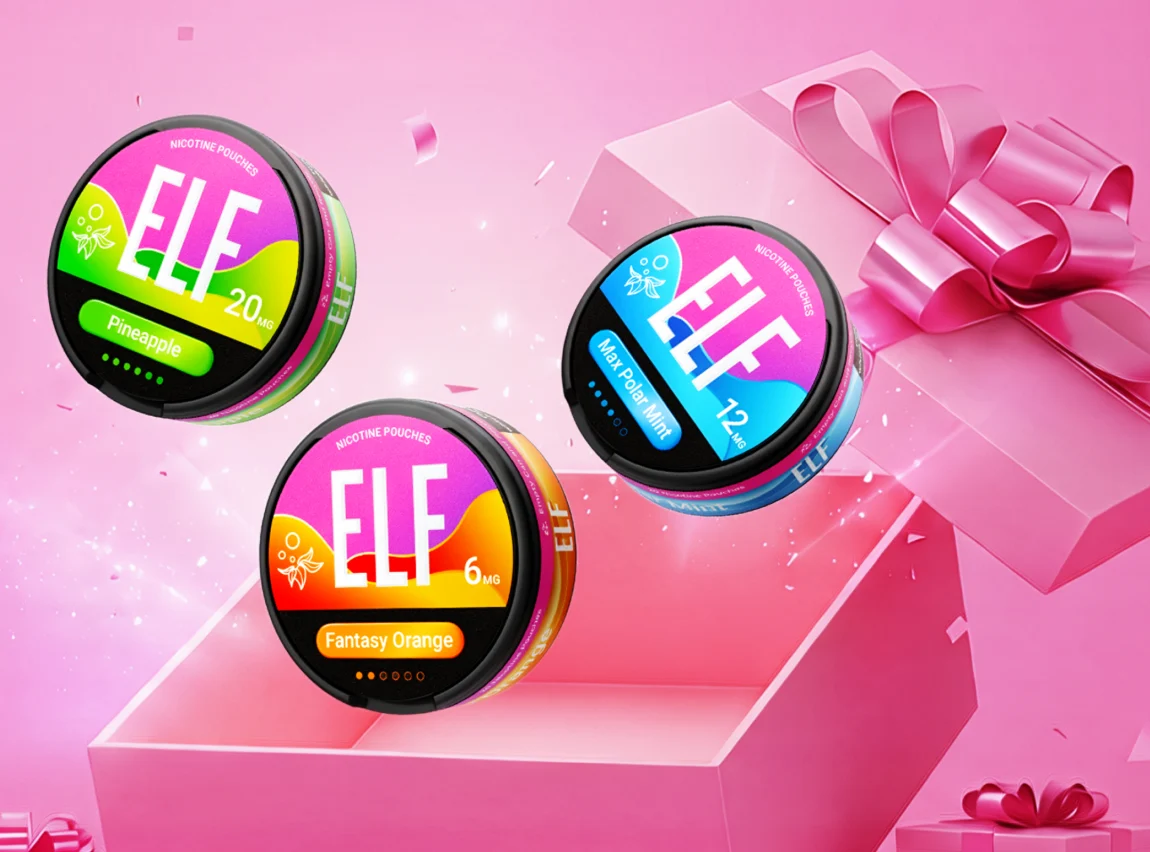 Three ELF nicotine pouch cans, Pineapple, Fantasy Orange and Max Polar Mint, on a pink gift-pack background
