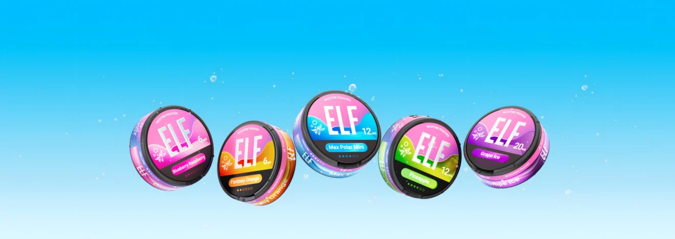 The full ELF nicotine pouch range by Elf Bar: Cool Storm, Max Polar Mint, Fantasy Orange, Grape Ice, Blueberry Raspberry and Pineapple