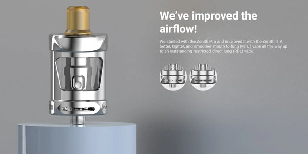 Innokin Zenith 2 tank specification render showing Z coil compatibility and adjustable airflow system