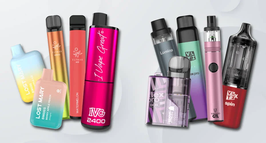 IVG 2400 shown alongside Lost Mary and Elf Bar as post-ban rechargeable alternatives to disposable vapes