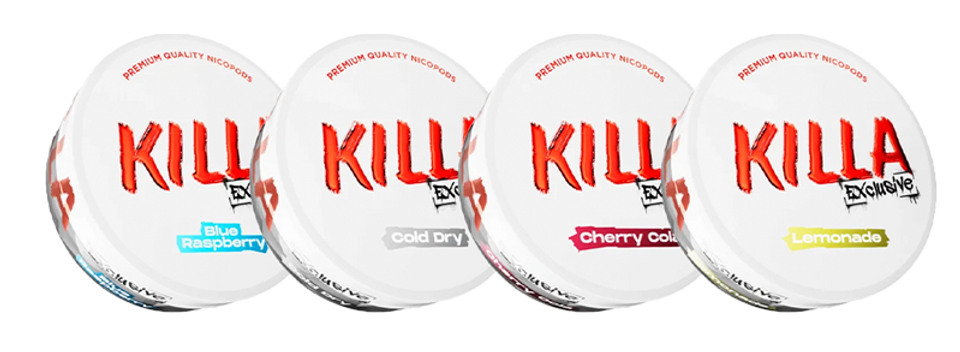 Killa nicotine pouches brand banner showing the Extra Strong range