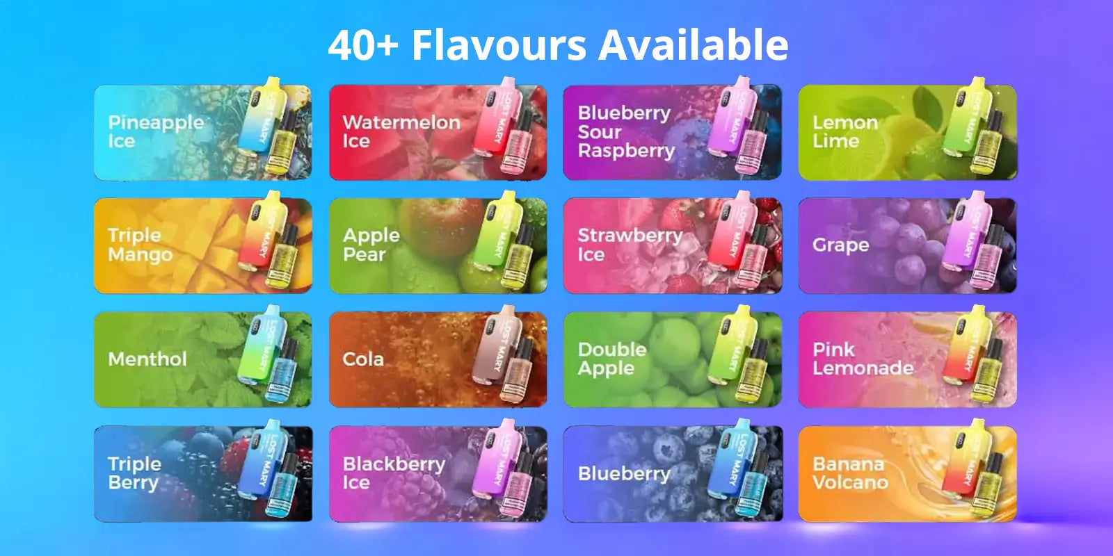 Lost Mary BM6000 flavour range showing over 40 flavours including Strawberry Ice, Triple Mango and Blueberry Sour Raspberry