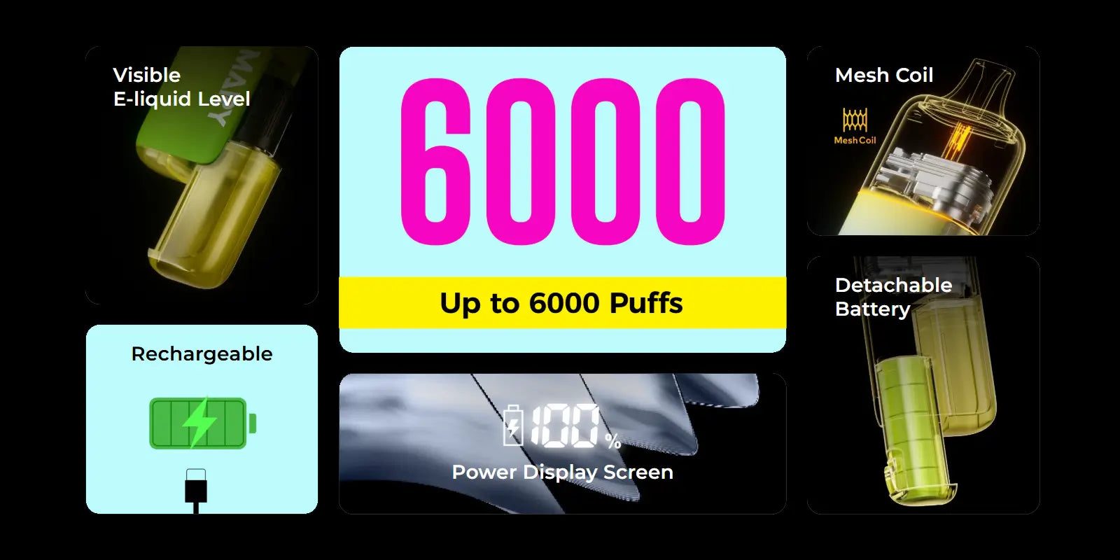 Lost Mary BM6000 features — up to 6,000 puffs, mesh coil, rechargeable detachable battery and visible e-liquid window
