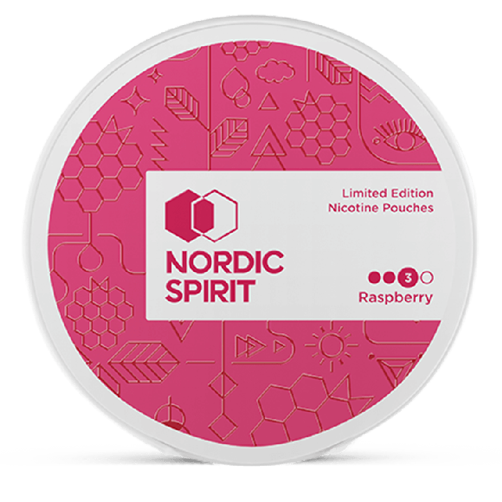 Nordic Spirit Raspberry nicotine pouches tin showing the new brand identity