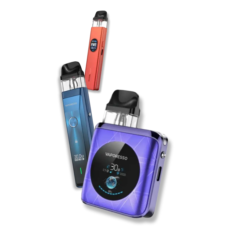 Selection of best-selling Vaporesso XROS series refillable pod kits lined up on a dark gradient background showing the range of compact MTL pod systems available in the UK