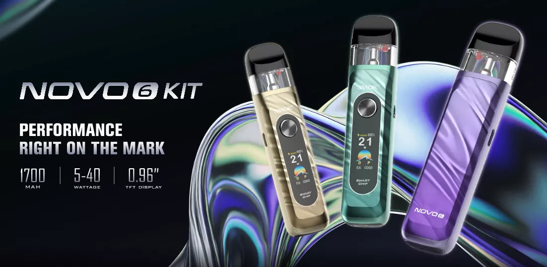 SMOK Novo 6 pod vape kit product range render in multiple colour options