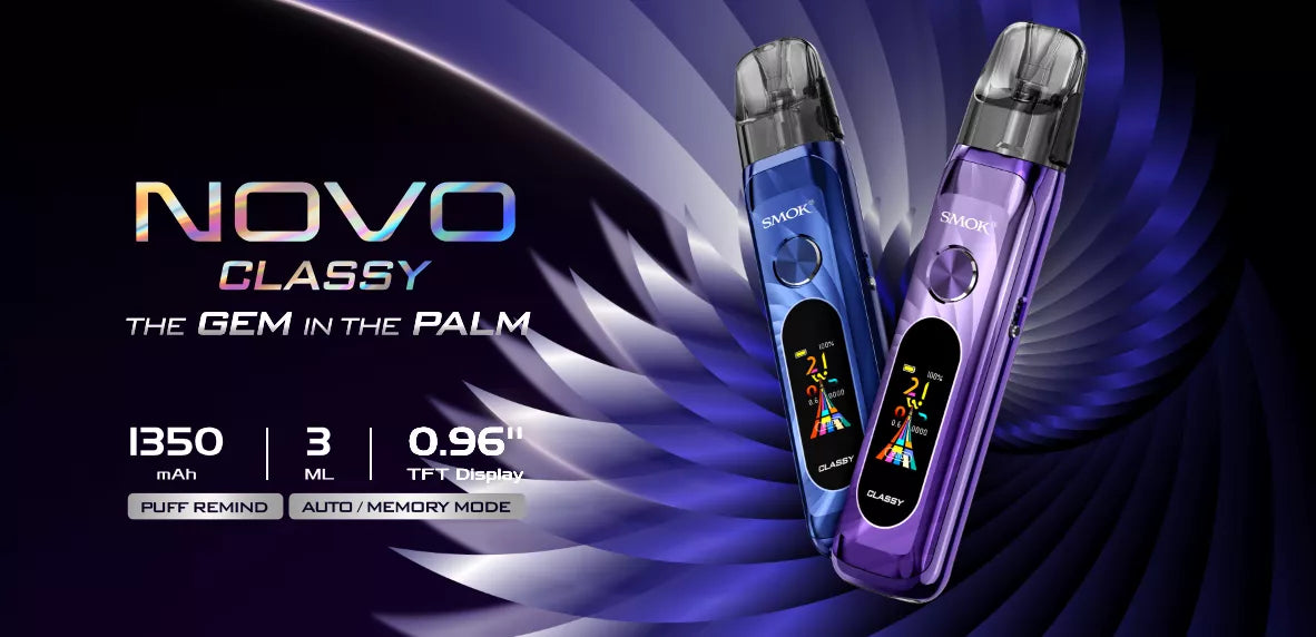 SMOK Novo Classy pod kit in Ruby Red and Lake Blue colourways, compact zinc alloy body