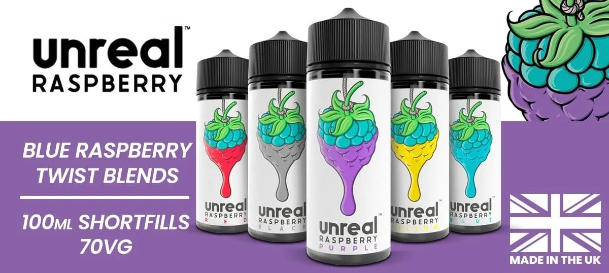 Unreal Raspberry 100ml shortfill e-liquid promotional range shot
