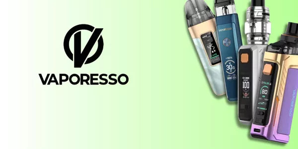 Vaporesso brand key highlights banner showing the Vaporesso logo and product range for authorised UK retailer VapeCity
