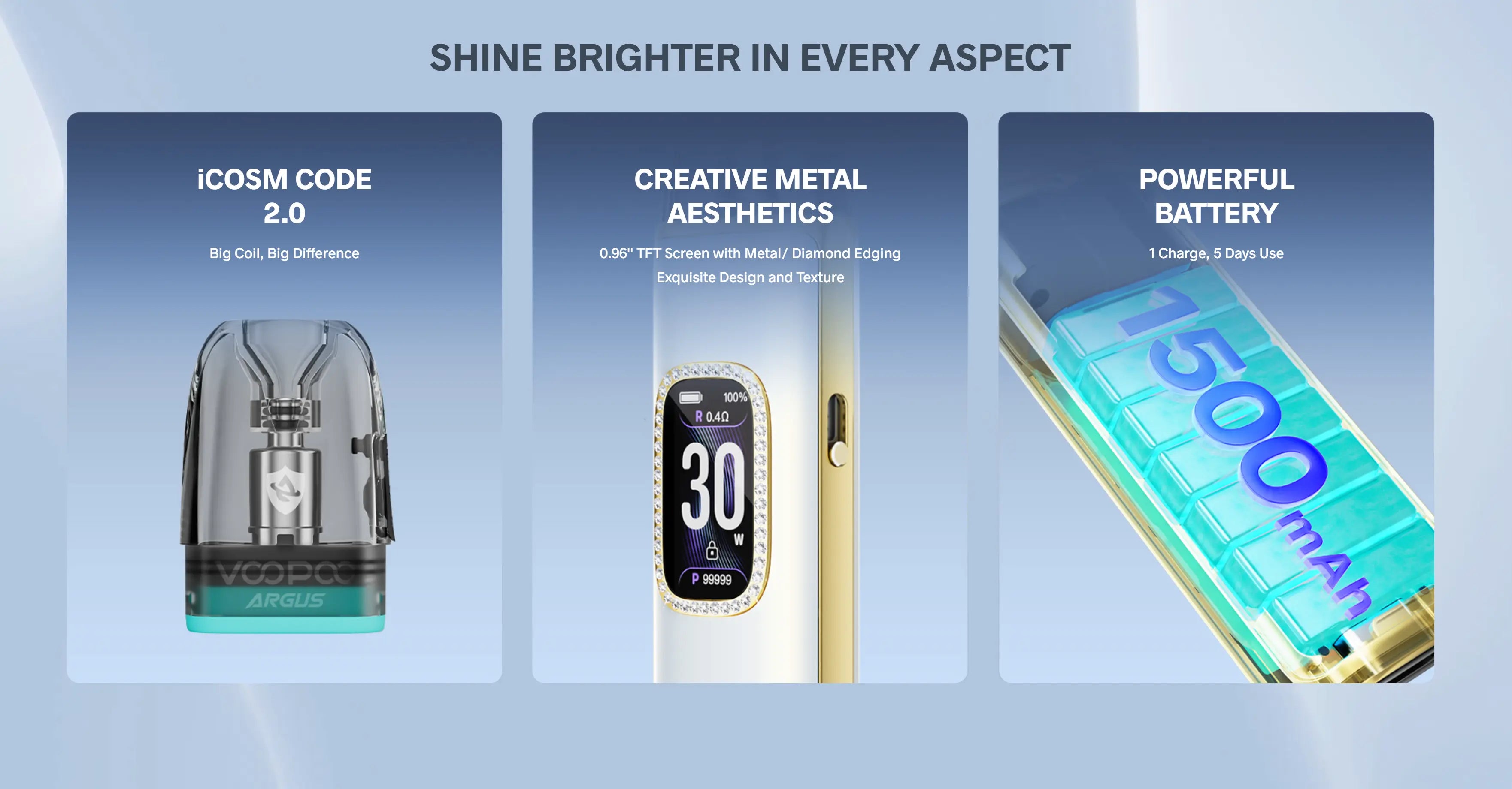 Voopoo Argus G3 pod kit specification detail showing iCOSM CODE 2.0 coil technology, top-fill pod design with silicone stopper and 0.96-inch TFT screen interface
