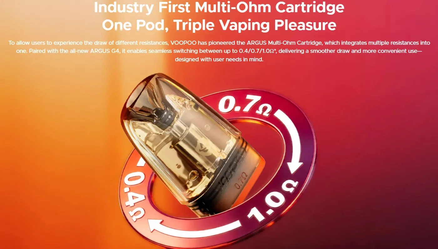 Voopoo Argus multi-ohm replacement pods resistance switching image on a red-to-orange gradient background showing 0.4, 0.7 and 1.0 ohm options