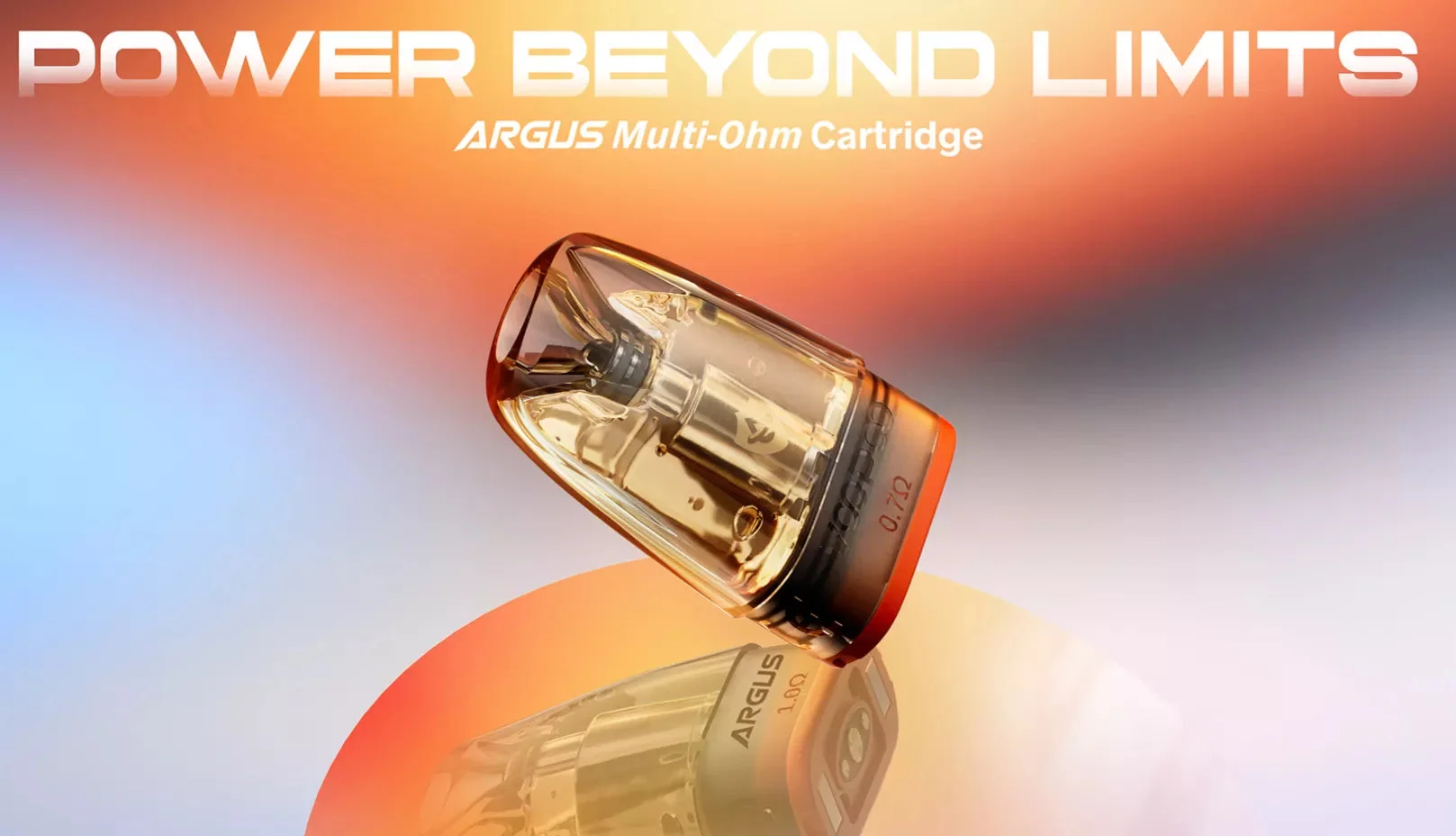 Voopoo Argus multi-ohm replacement pod on a warm orange and blue gradient background showing the single pod housing