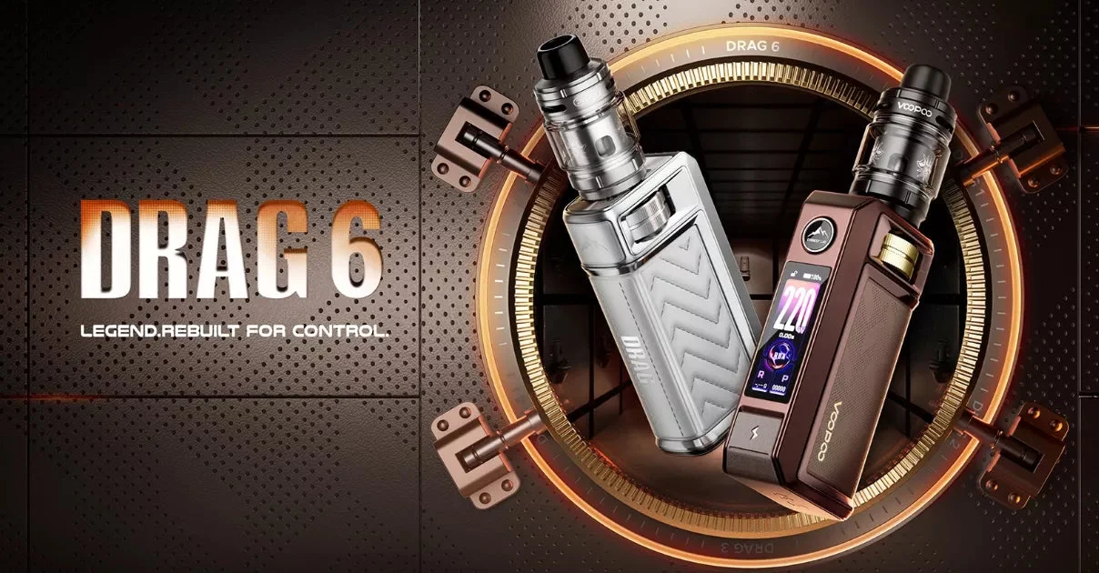 Two Voopoo Drag 6 box mod kits in silver leather and bronze positioned inside a metallic circular vault graphic