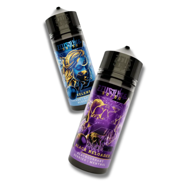 Zeus Juice 50/50 MTL shortfill bottles showing the five-flavour range for mouth-to-lung vaping