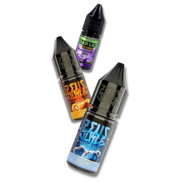 Zeus Juice nic salt e-liquid range showing Bar Liq and Zeus Juice nic salt bottles for MTL pod vaping