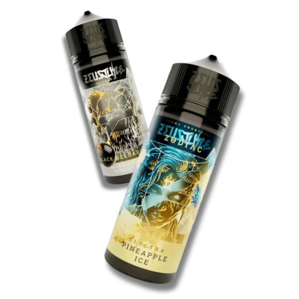 Zeus Juice 70/30 100ml shortfill range showing core flavours including The Black, Black Reloaded, Dimpleberry and Vermilion