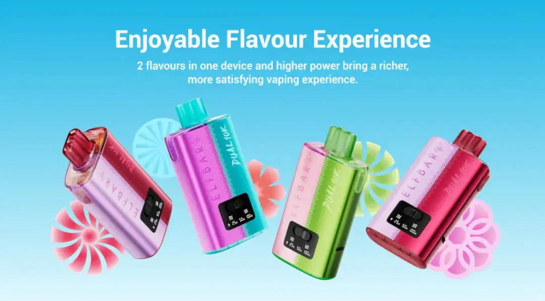Elf Bar Dual 10K specification infographic showing 850mAh battery, dual mesh coil, 10,000 puff count and auto-refill pod system