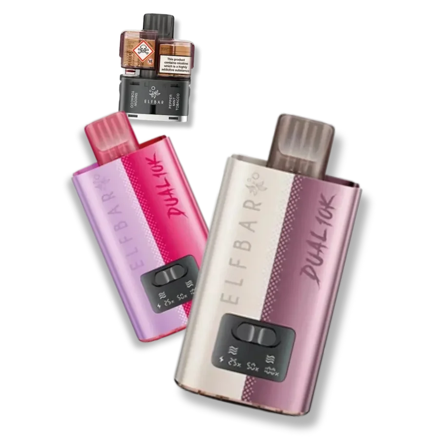 Elf Bar Dual 10K replacement pod set showing twin 1ml pods and two 5ml refill containers with the Dual 10K device