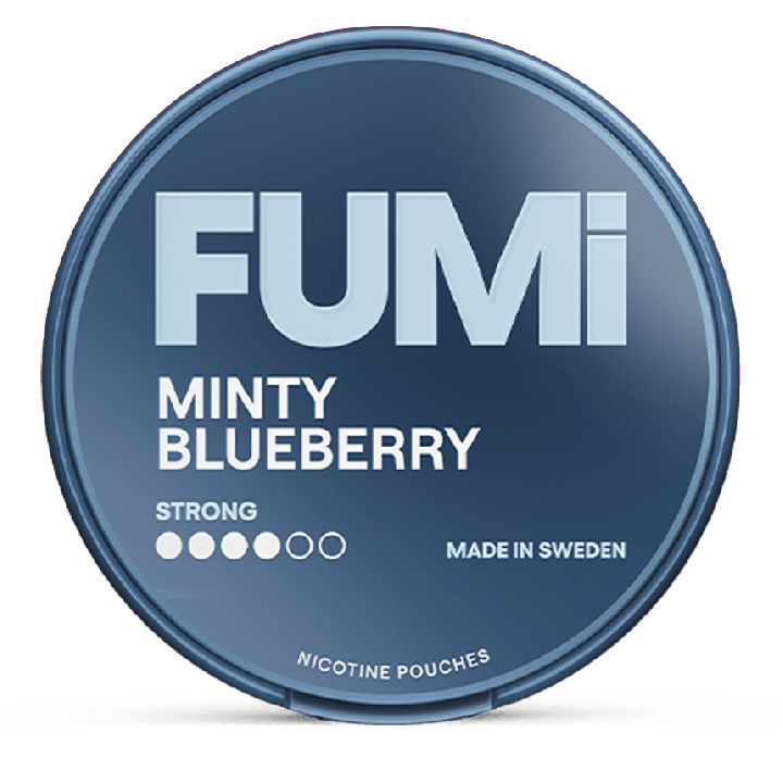 FUMI Minty Blueberry nicotine pouches in colour-coded packaging, 8mg Strong tier
