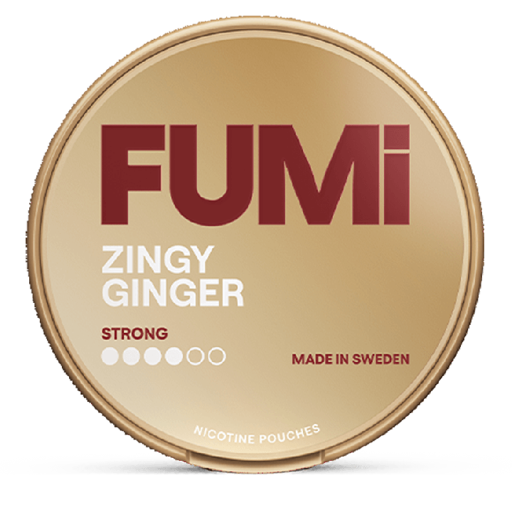 FUMI Zingy Ginger nicotine pouches in spiced ochre packaging, one of the most distinctive flavours in the FUMI range