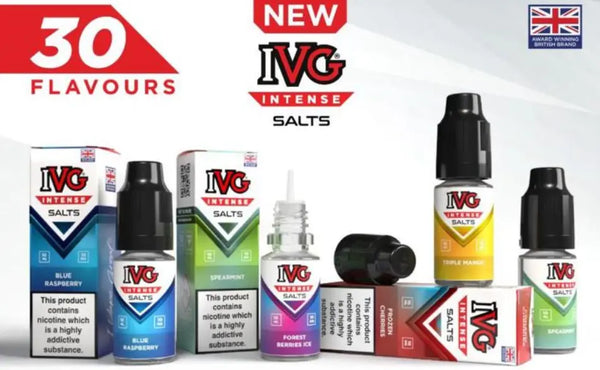 IVG Intense nic salt range showing the double-concentrate 50/50 formula: diacetyl-free, MHRA-notified, third-party lab tested