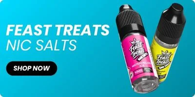 Feast Treats shortfill e-liquid brand banner showing colourful fruit flavour range