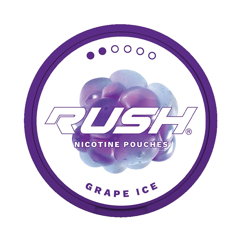 Rush Extreme nicotine pouches 20mg, showing Cherry Chill, Boost Mint and Grape Ice variants