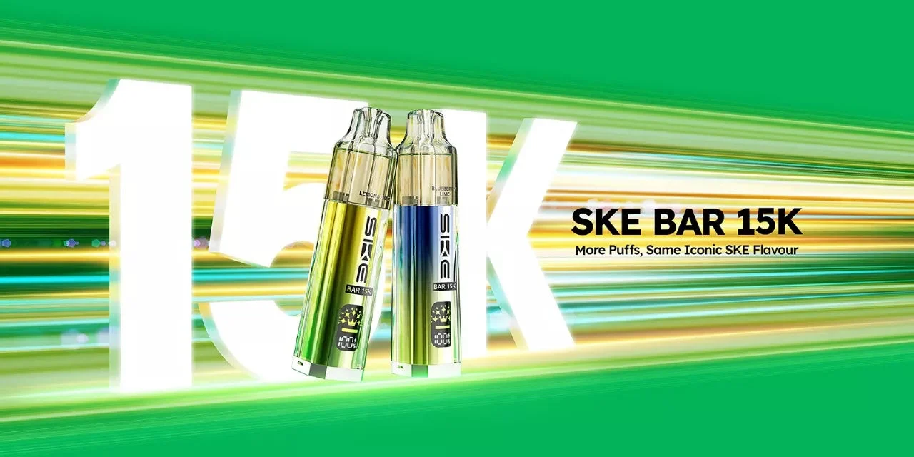 SKE Bar 15K prefilled pod kit with 850mAh battery and 10ml auto-refill bottle, delivering approximately 15,000 puffs