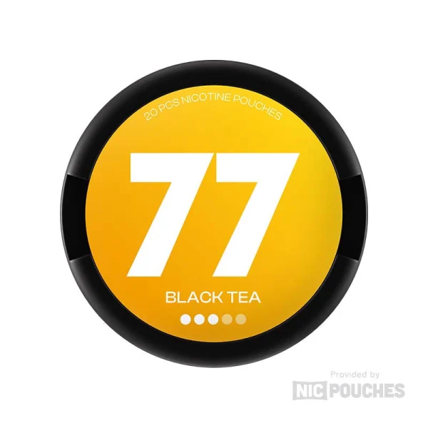 77 Black Tea nicotine pouch can, golden yellow lid, 10.4mg Medium strength