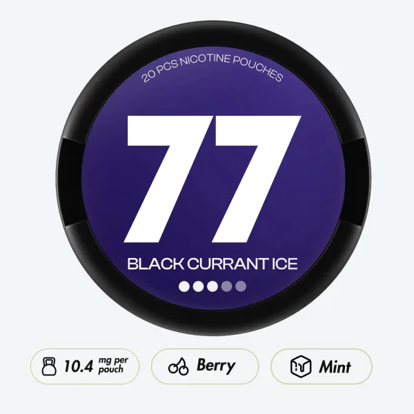 77 Blackcurrant Ice nicotine pouch can, 20 slim pouches at 10.4mg Medium strength