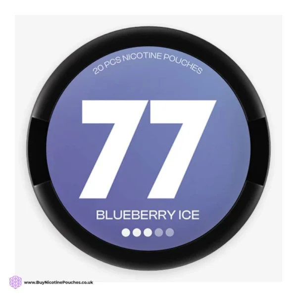 77 Blueberry Ice nicotine pouch can, blue and black design with bold 77 branding