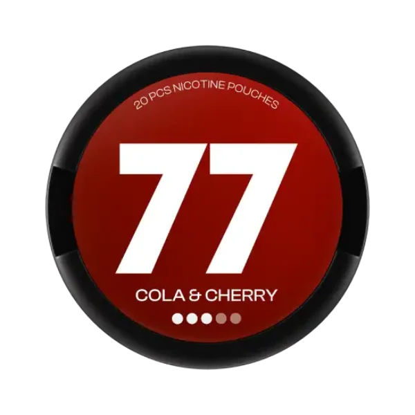 77 Cola & Cherry nicotine pouch can lid, showing the deep red cherry-cola gradient design