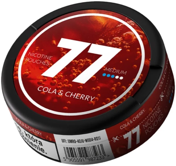 77 Cola & Cherry nicotine pouch can, rich red cherry lid design with 77 branding