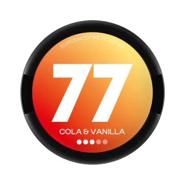 77 Cola & Vanilla nicotine pouch can lid, showing the orange and red gradient design