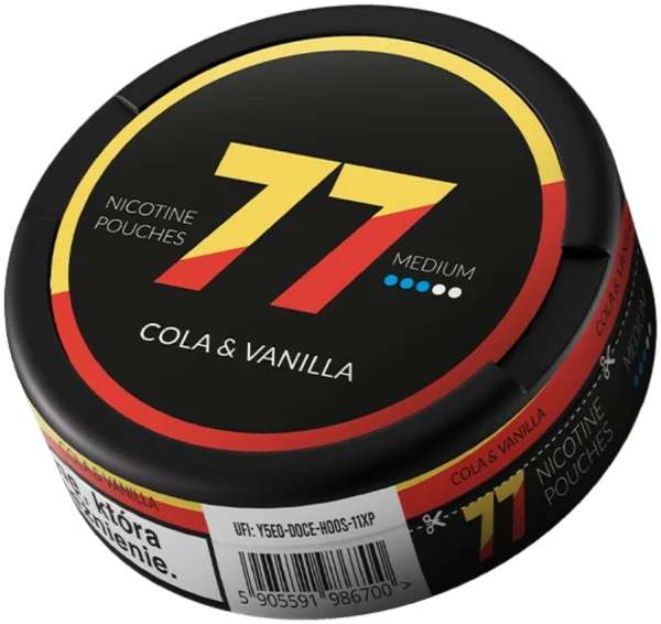 77 Cola & Vanilla nicotine pouch can, classic black design with red and yellow branding