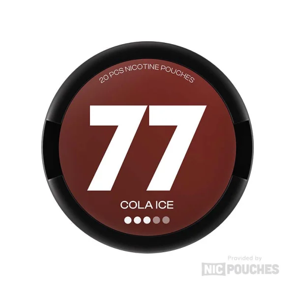 77 Cola Ice nicotine pouch can, dark red with 77 branding and Cola Ice text, 20 pouches Medium strength