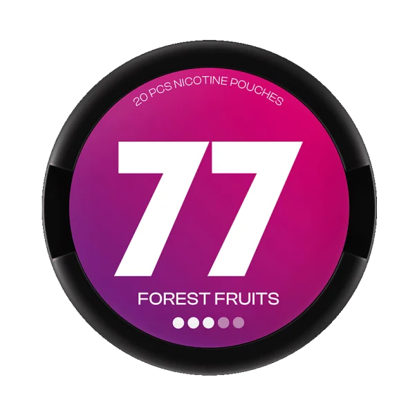 77 Forest Fruits nicotine pouch can lid, purple to pink gradient with large 77 logo and Forest Fruits text