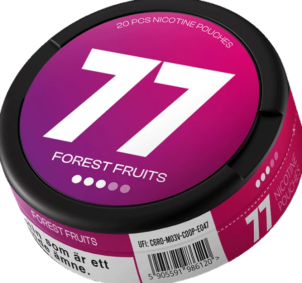 77 Forest Fruits nicotine pouch can from the side, purple to pink gradient with Forest Fruits branding