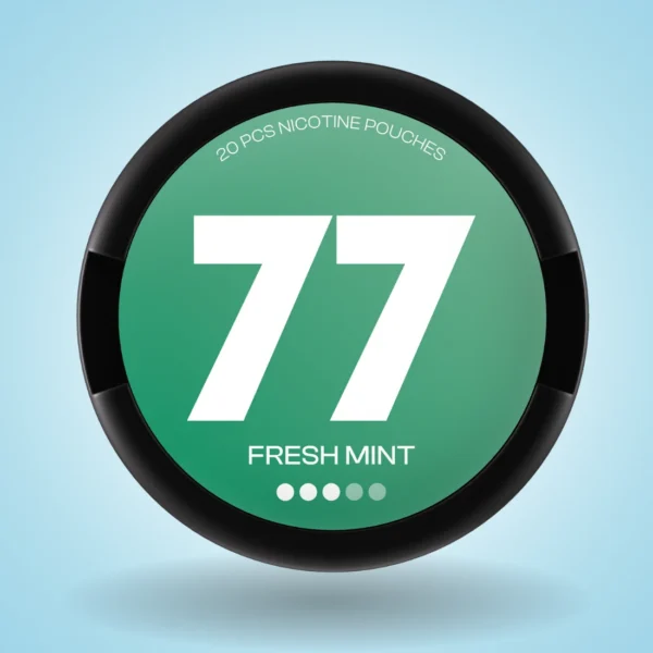 77 Fresh Mint nicotine pouch can, teal green design with bold white 77 branding on a soft blue background